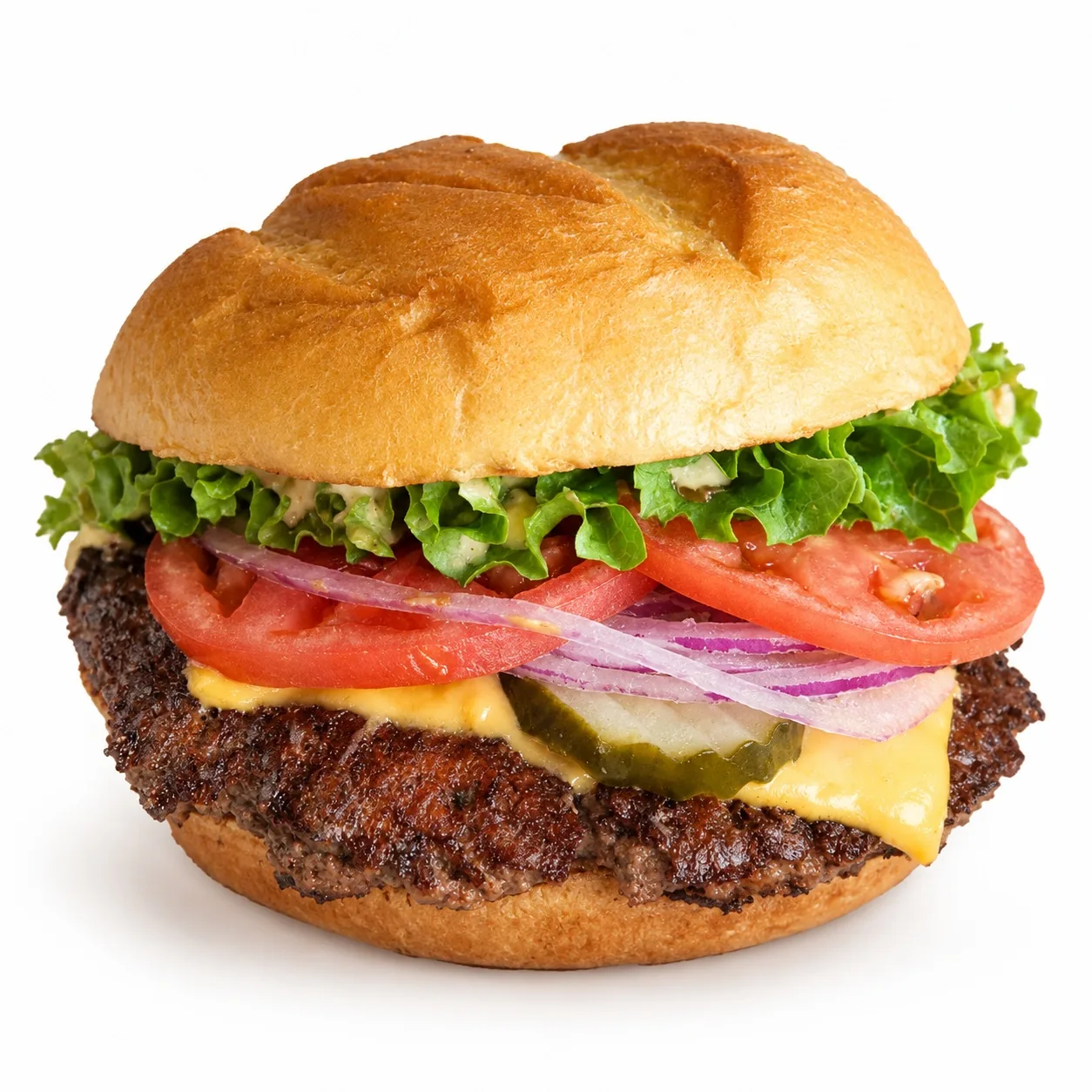 Hamburger with fries on a clean white background in natural colour style