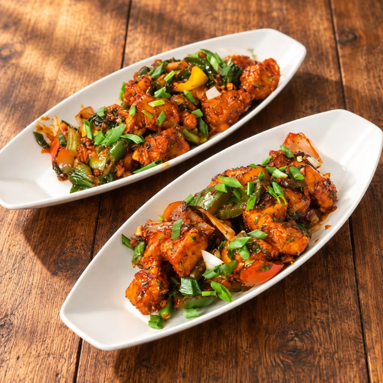 Two plates of curry on a rustic wood table in warm colour style