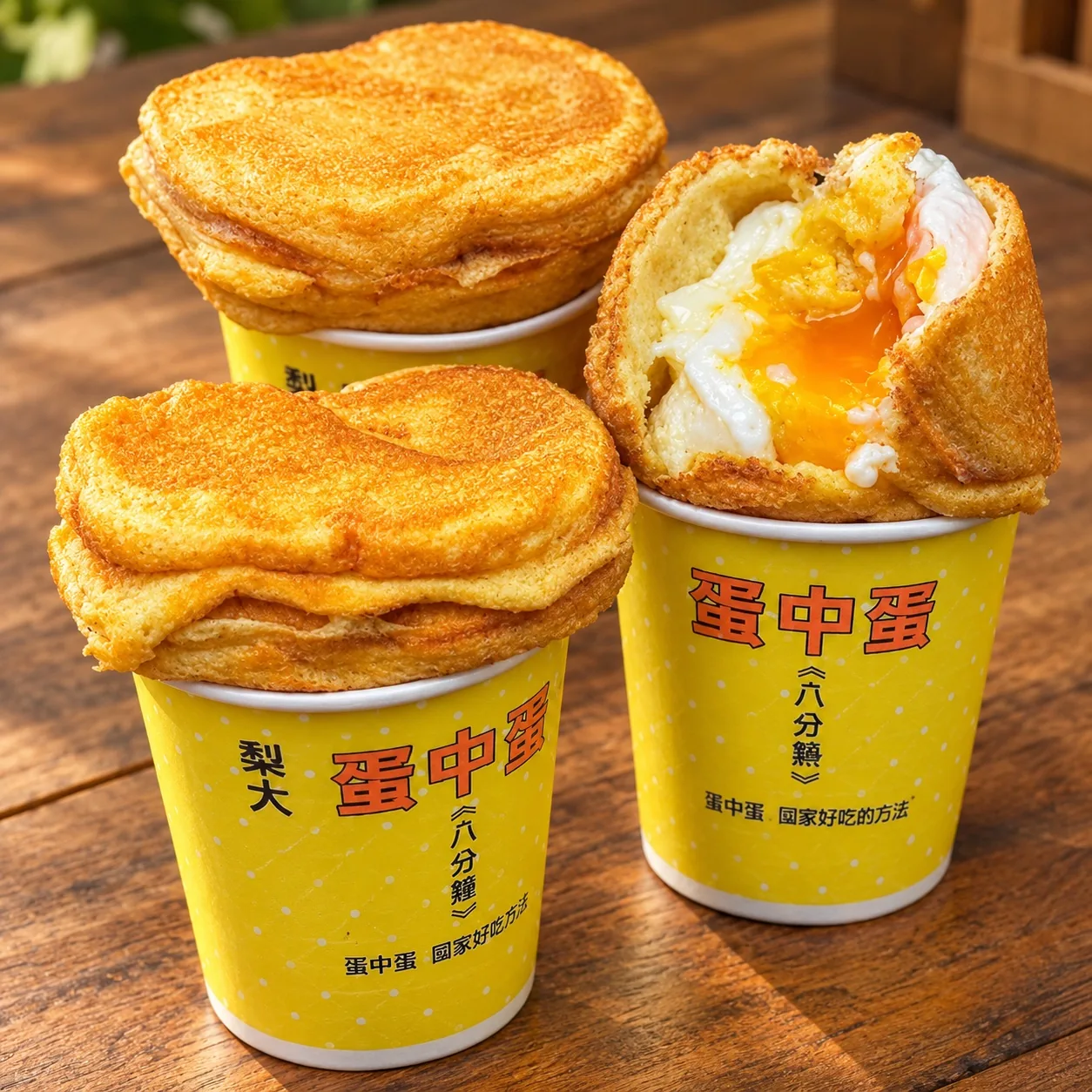 Street-style egg cups on a rustic wood table in warm colour style