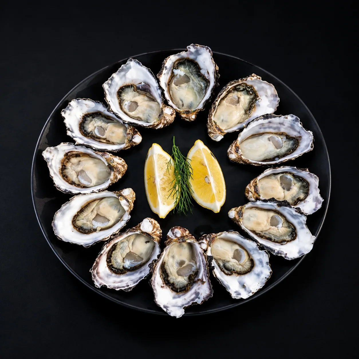 Fresh oysters on a black plate against a black background in cool premium colour style