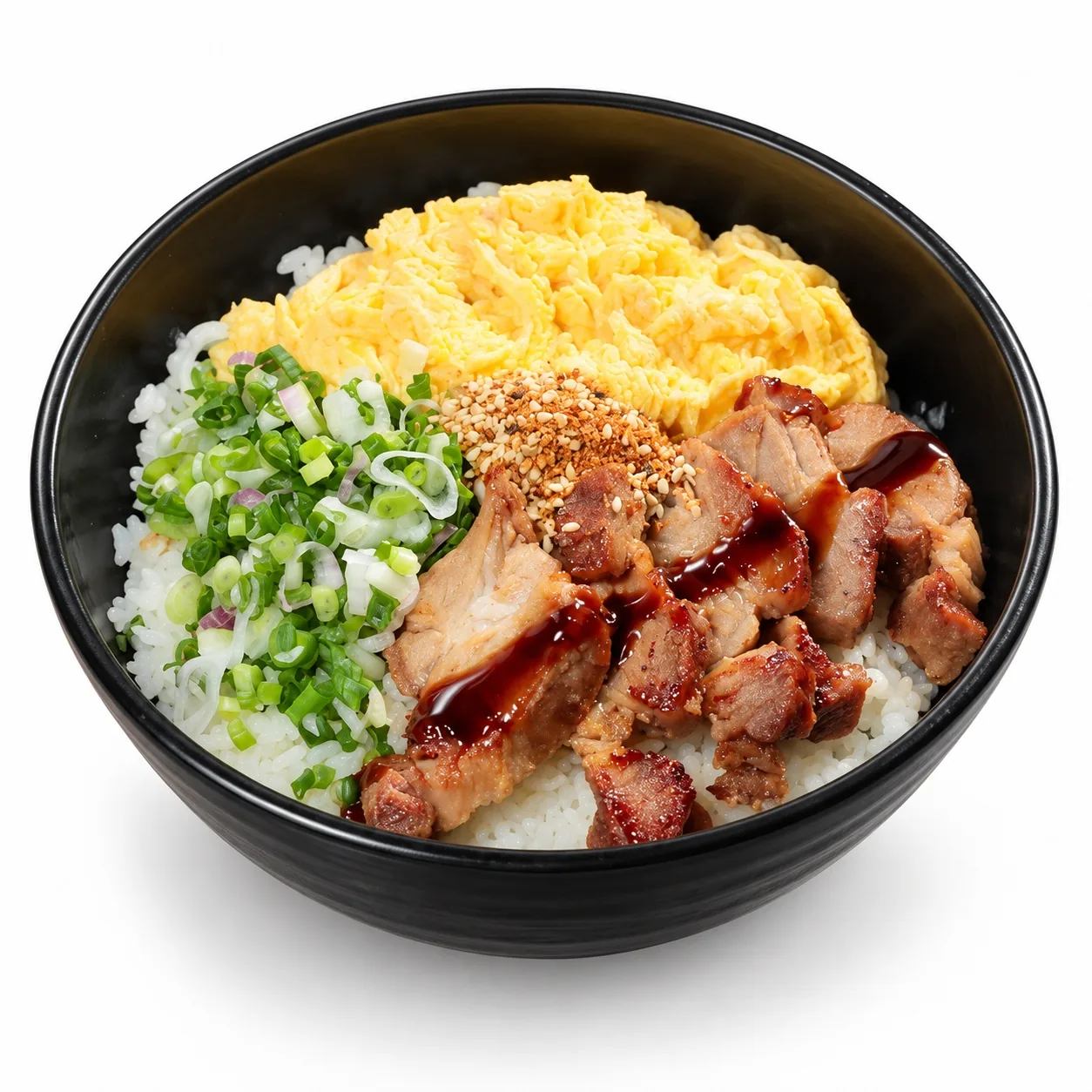 Braised pork rice bowl on a clean white background in natural colour style