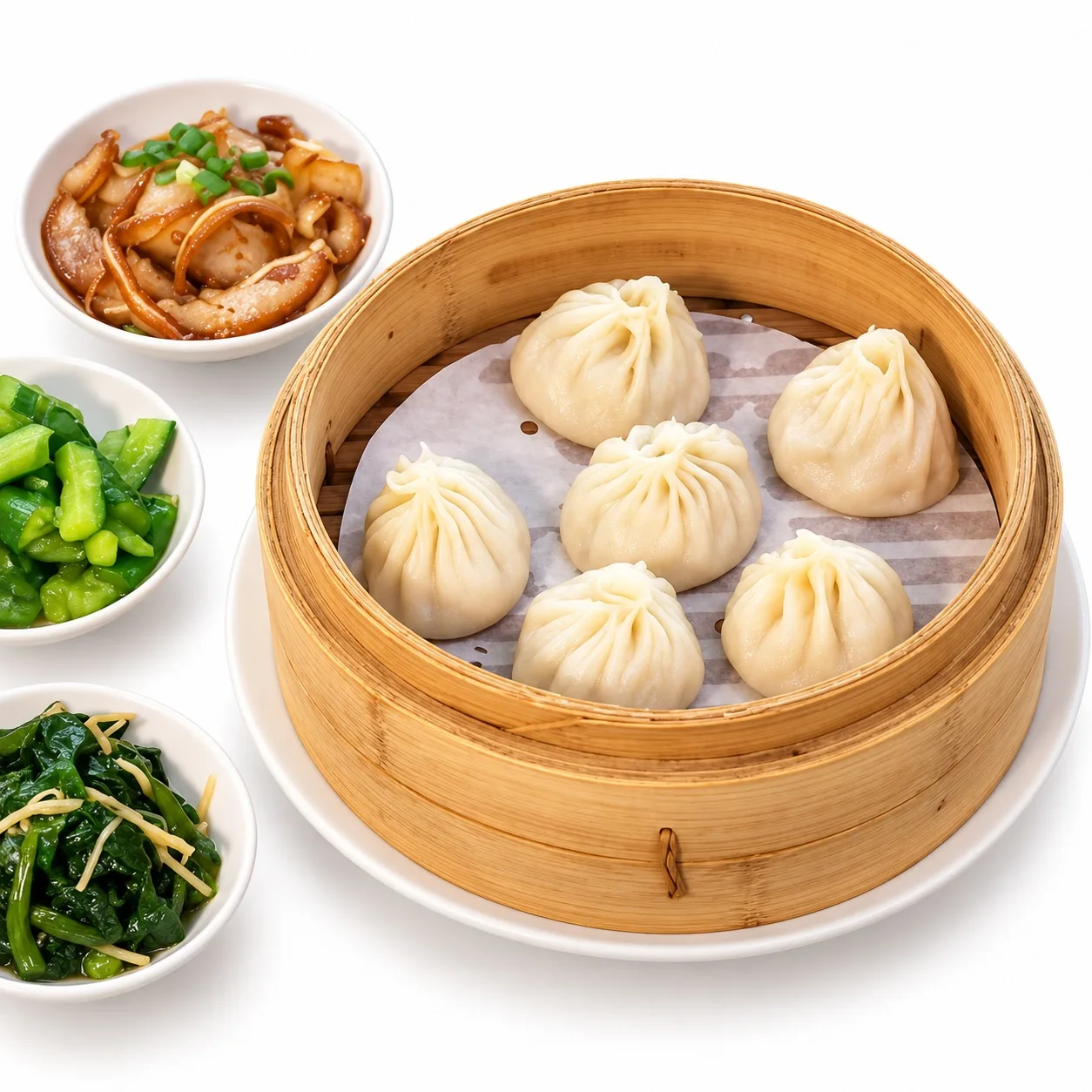 Steamed soup dumplings in a bamboo basket on a clean white background in natural colour style