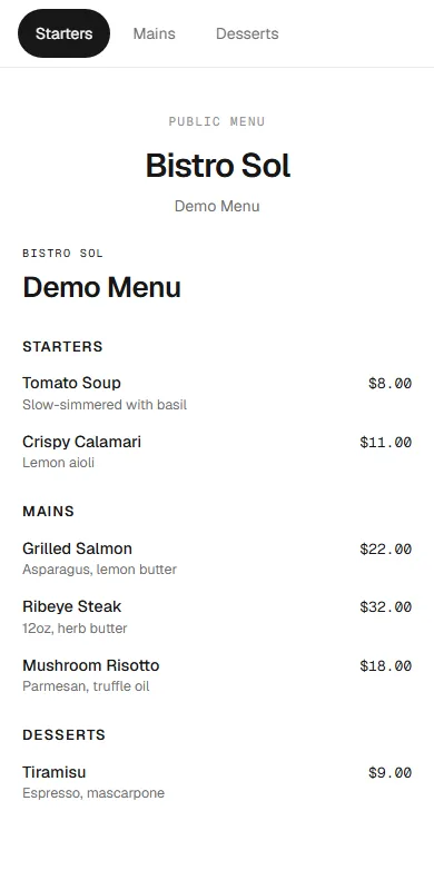 Phone showing the live demo menu opened by scanning the QR code